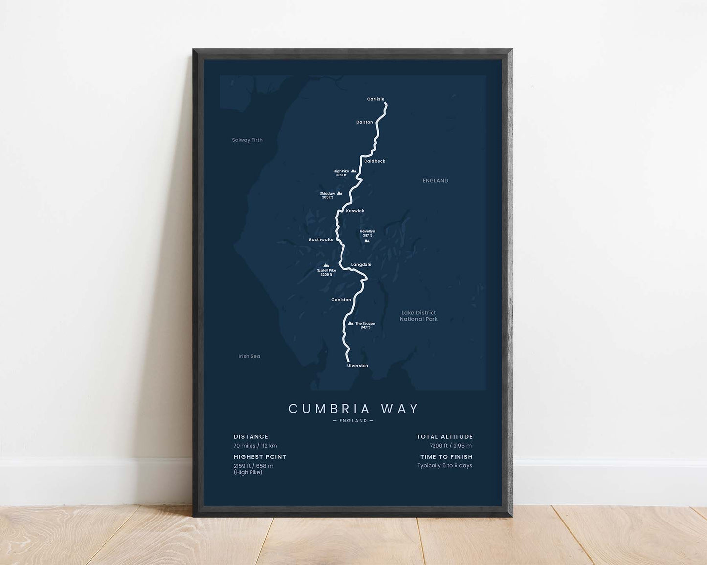 The Cumbrian Way (Cumbria) Route Print with Blue Background