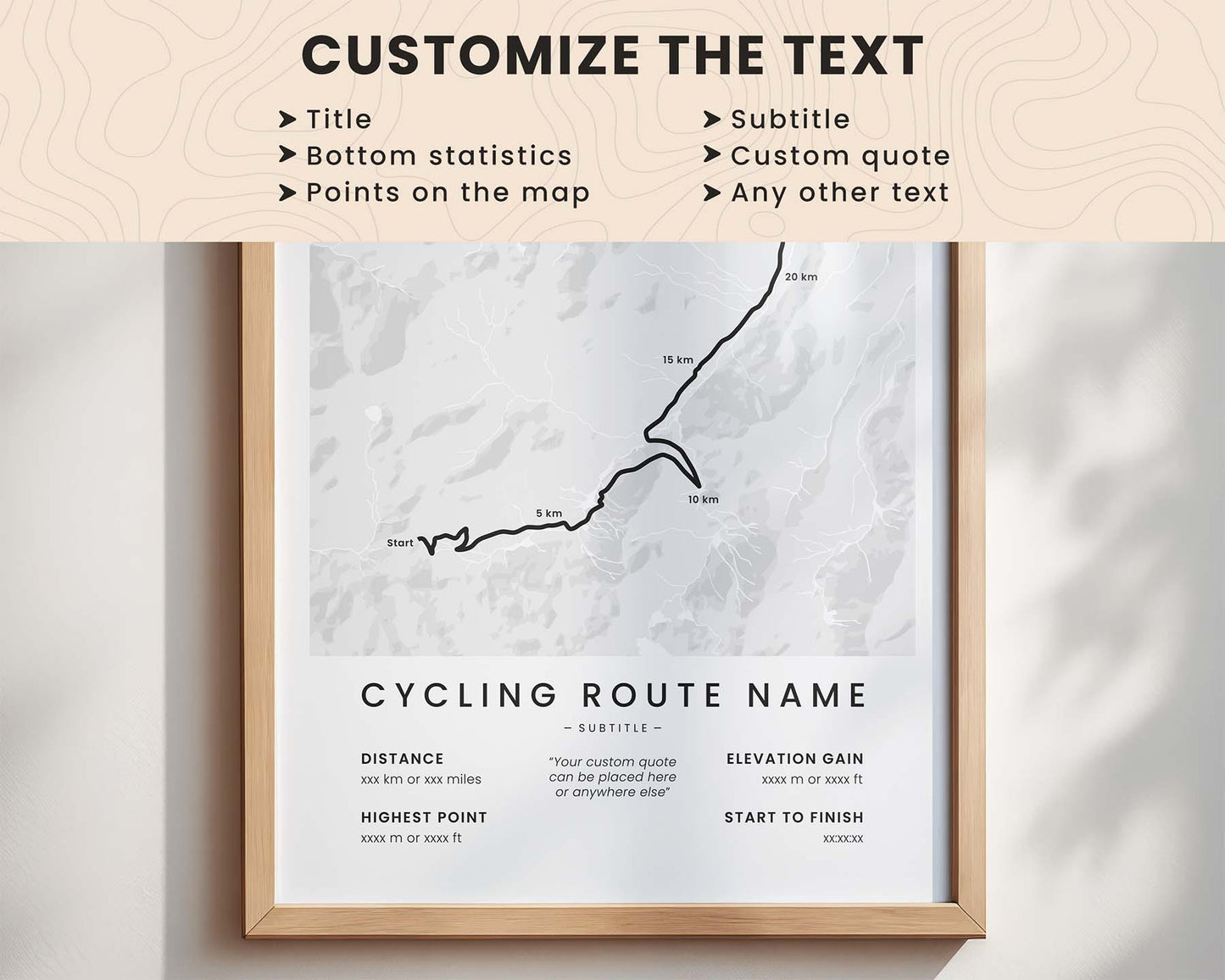 Framed custom cycling route map poster with customizable text on a light background