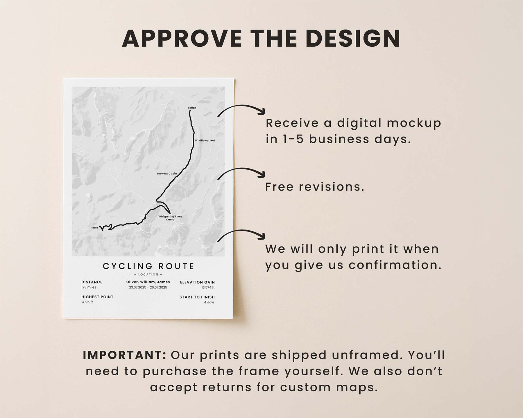 Design of a custom bike touring print with text on a beige background
