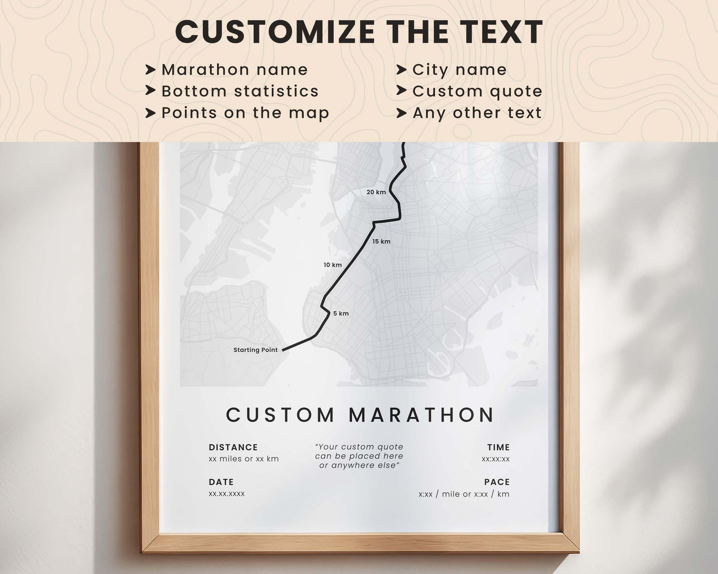 Framed map of a custom marathon route with customizable text options on a light background