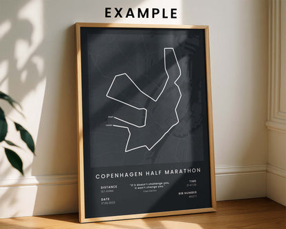 Framed custom marathon map of the Copenhagen Half Marathon on a wall
