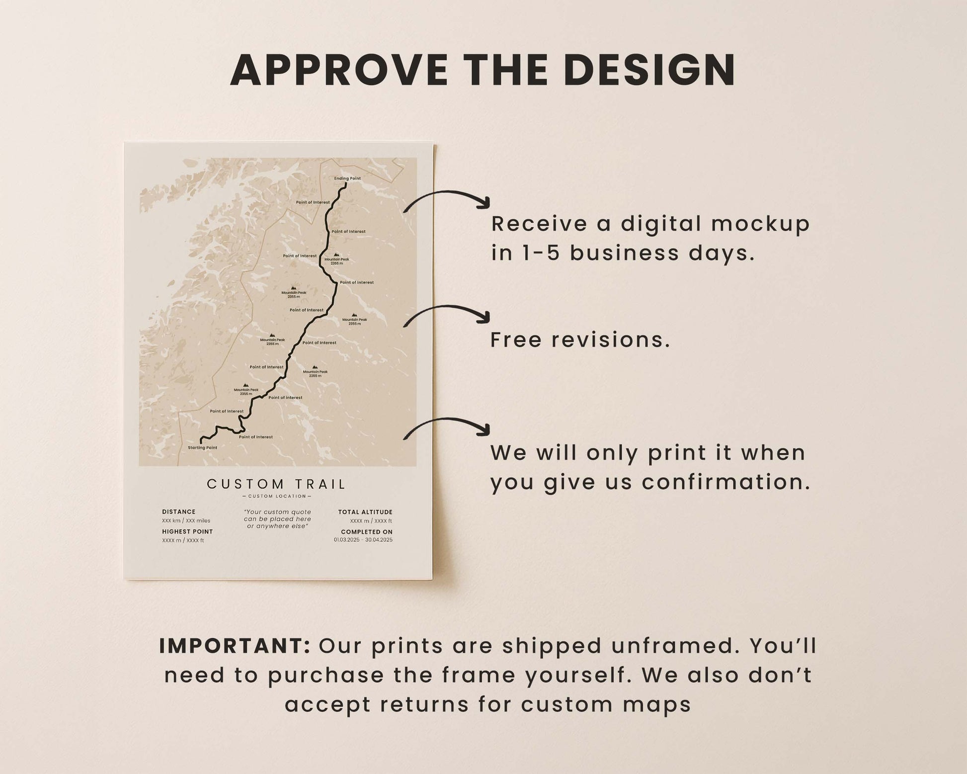 Custom hiking trail poster approving the design