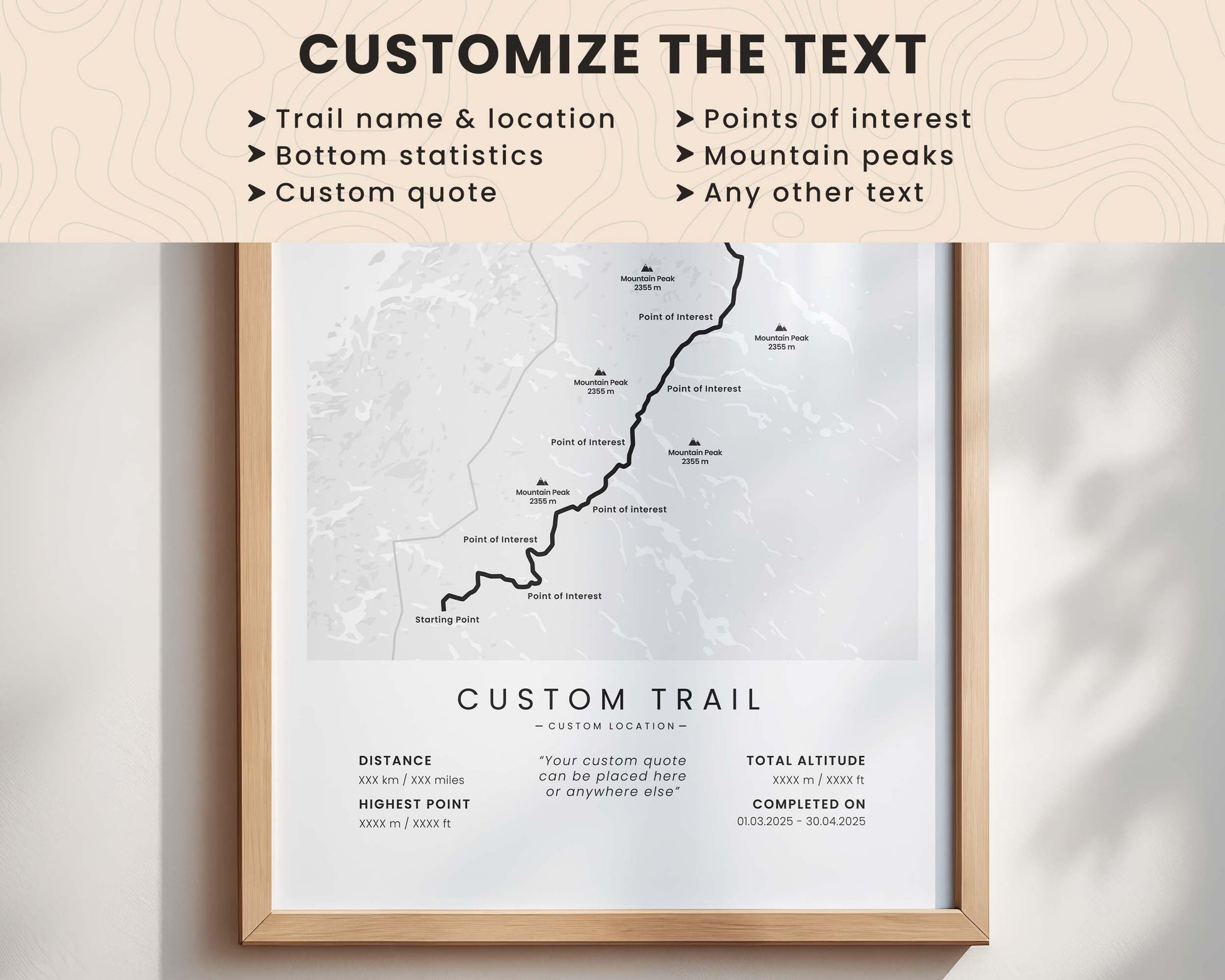 Custom hiking trail map poster with customized text and quote