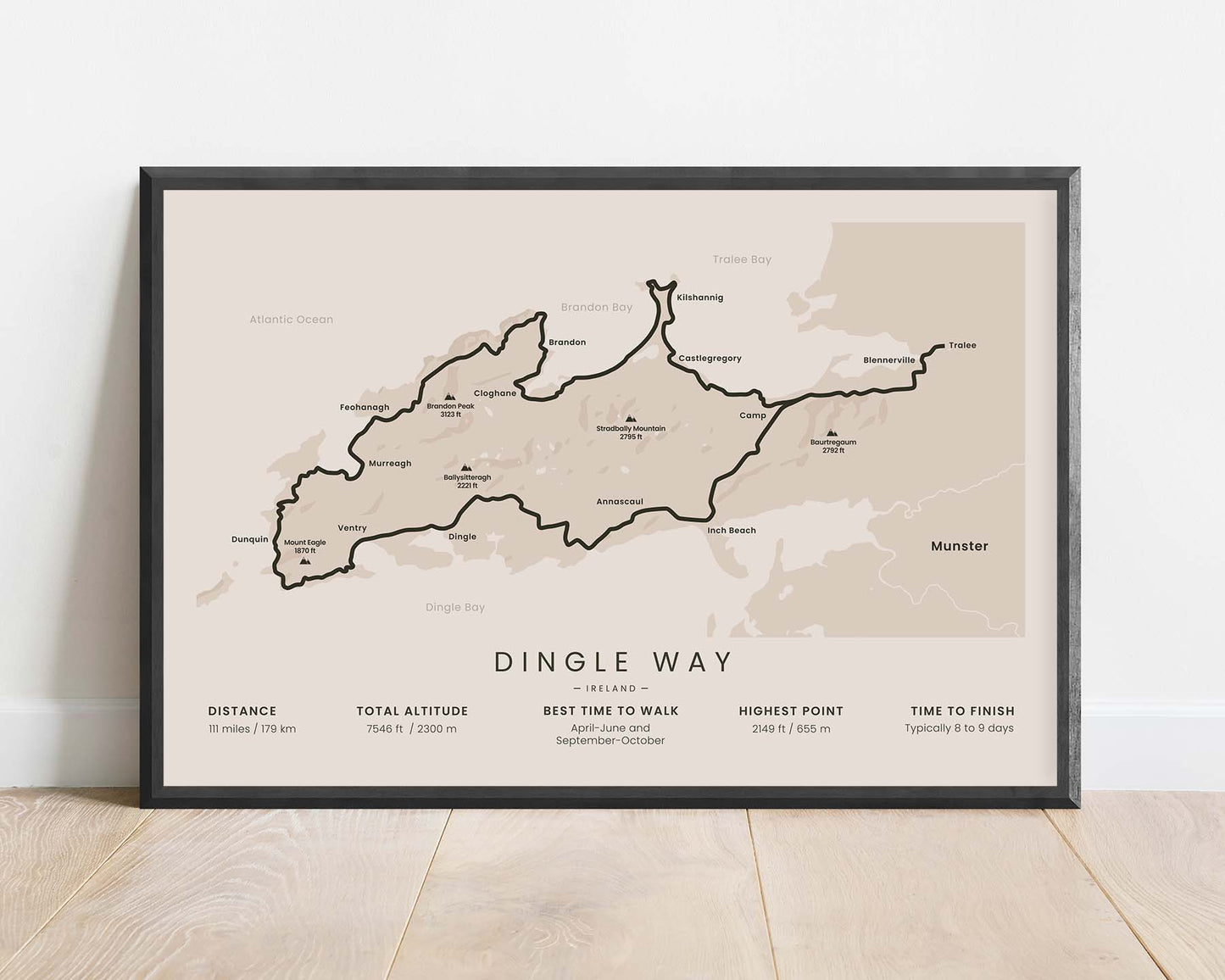 Dingle Way (County Kerry) Path Map Art with Beige Background