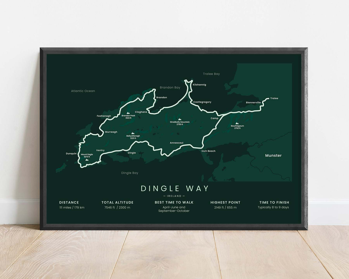 Dingle Way (Dingle Peninsula) Route Wall Art with Green Background