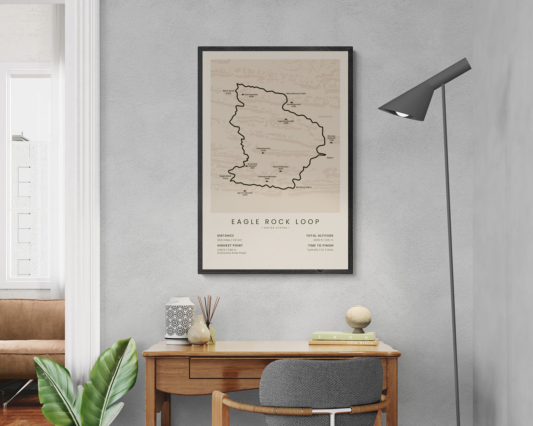 Eagle Rock Loop (Ouachita Mountains) Path Map Art in Minimal Room Decor