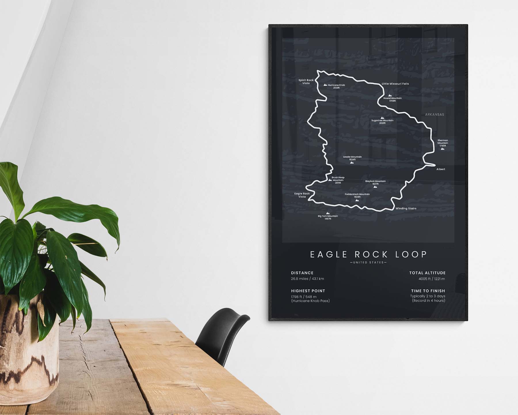 Eagle Rock Loop path map art in minimal room decor (Ouachita National Forest)