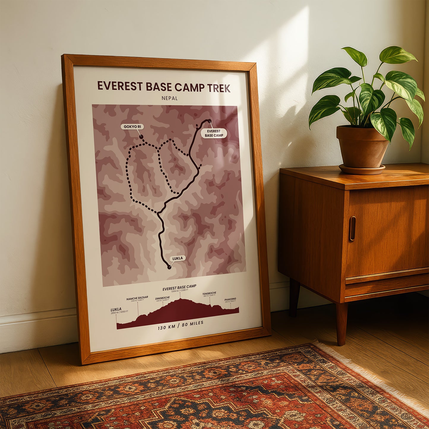 Everest Base Camp Trek (Nepal) Topographic Map Poster Print with Red Background