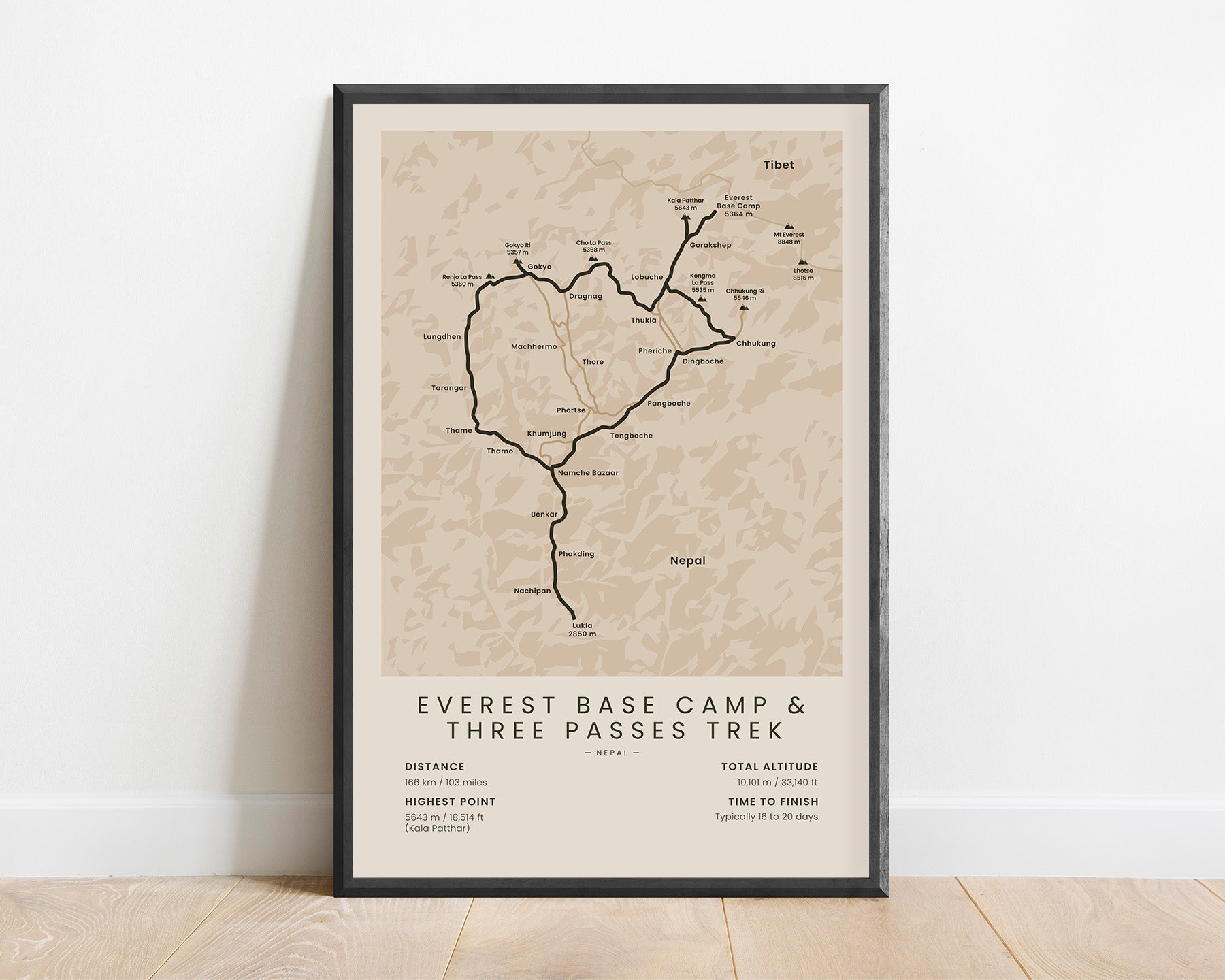 Everest Base Camp Three Passes Trek (Nepal) trail wall map with Beige Background