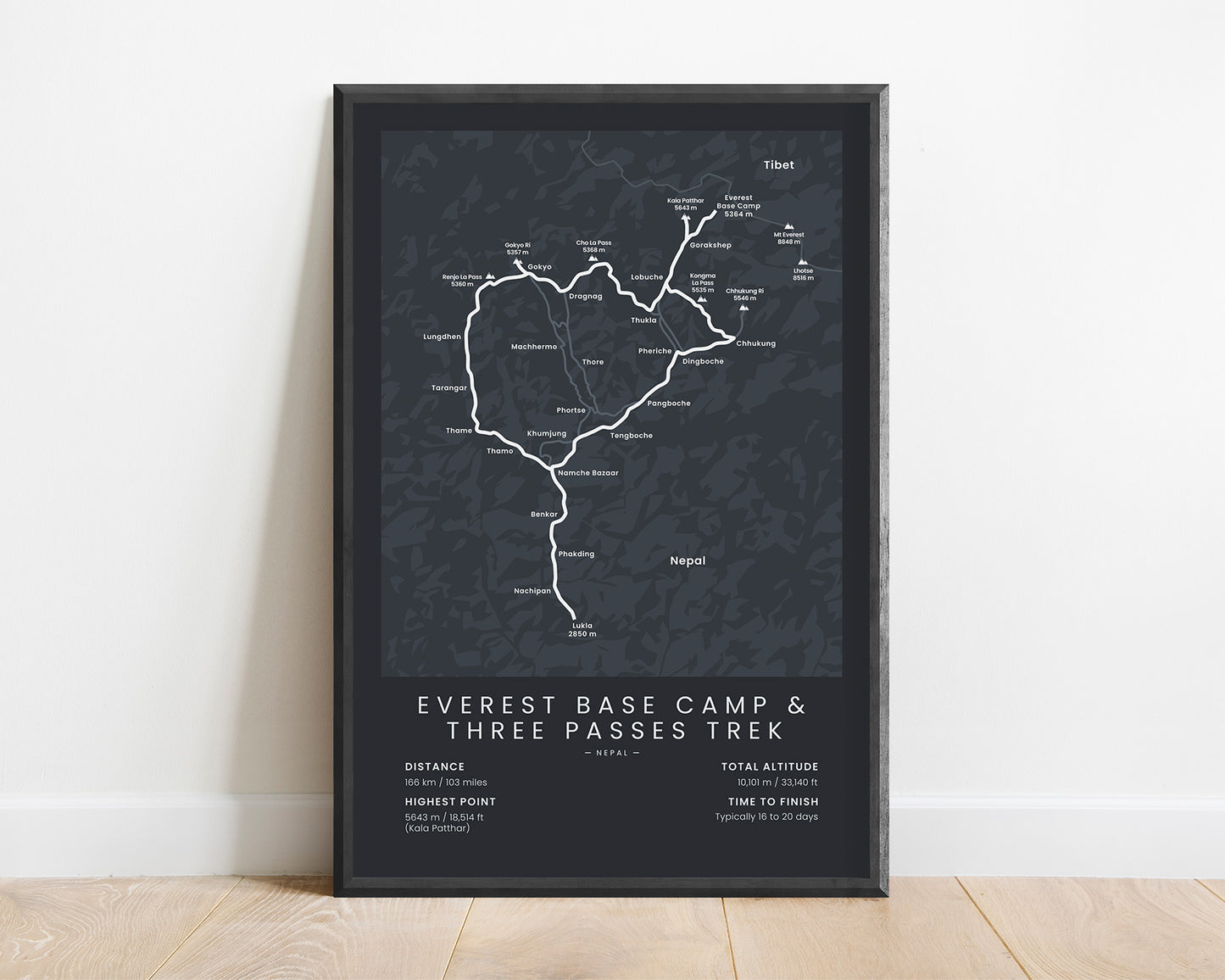 Three Passes Three Peaks Trek (Renjo La) route wall art with Black Background