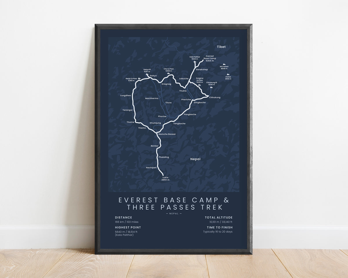EBC + Three Passes Trek (Cho La) hike print with Blue Background