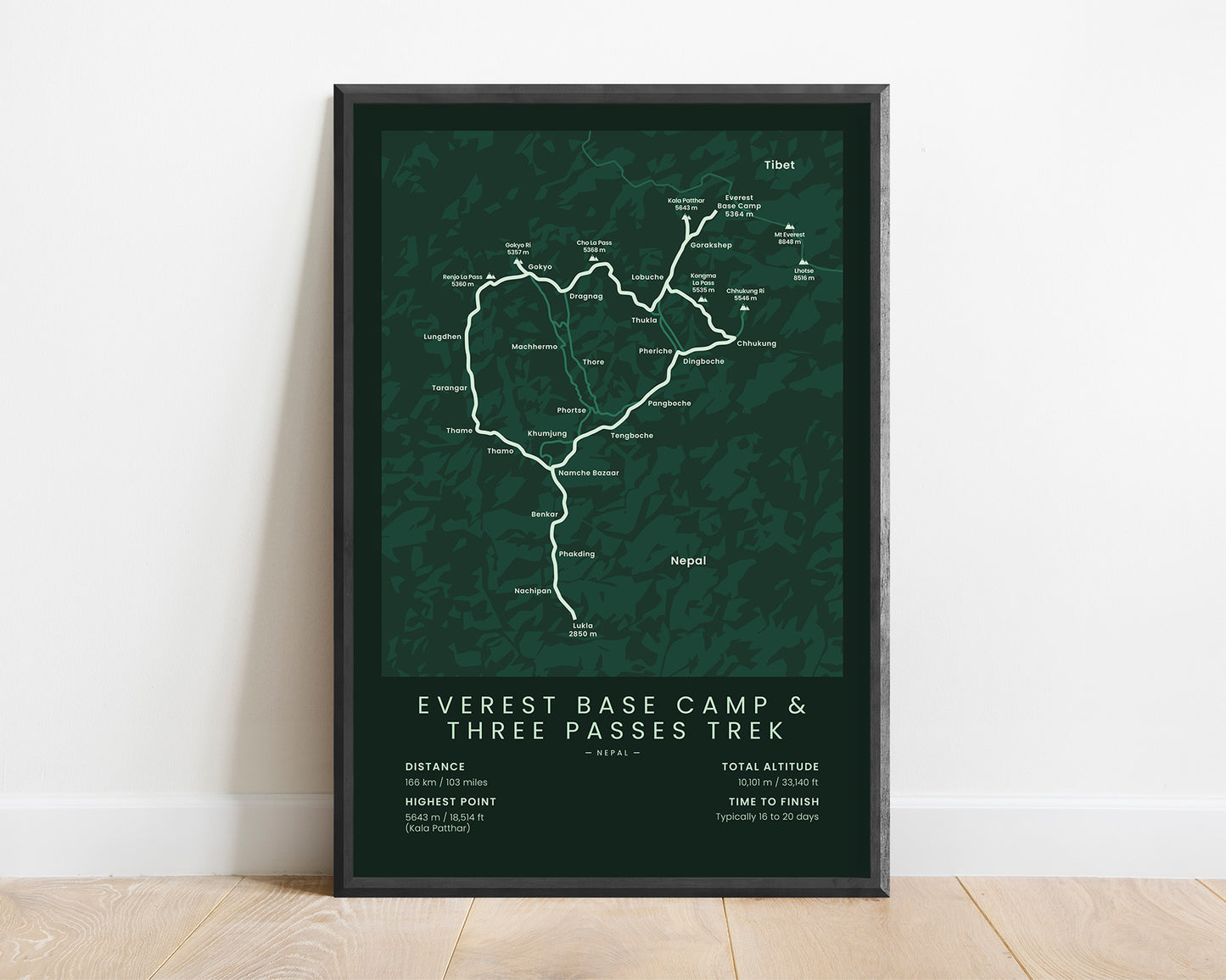 Everest Base Camp Three Passes Trek (Kongma La) path map art with Green Background