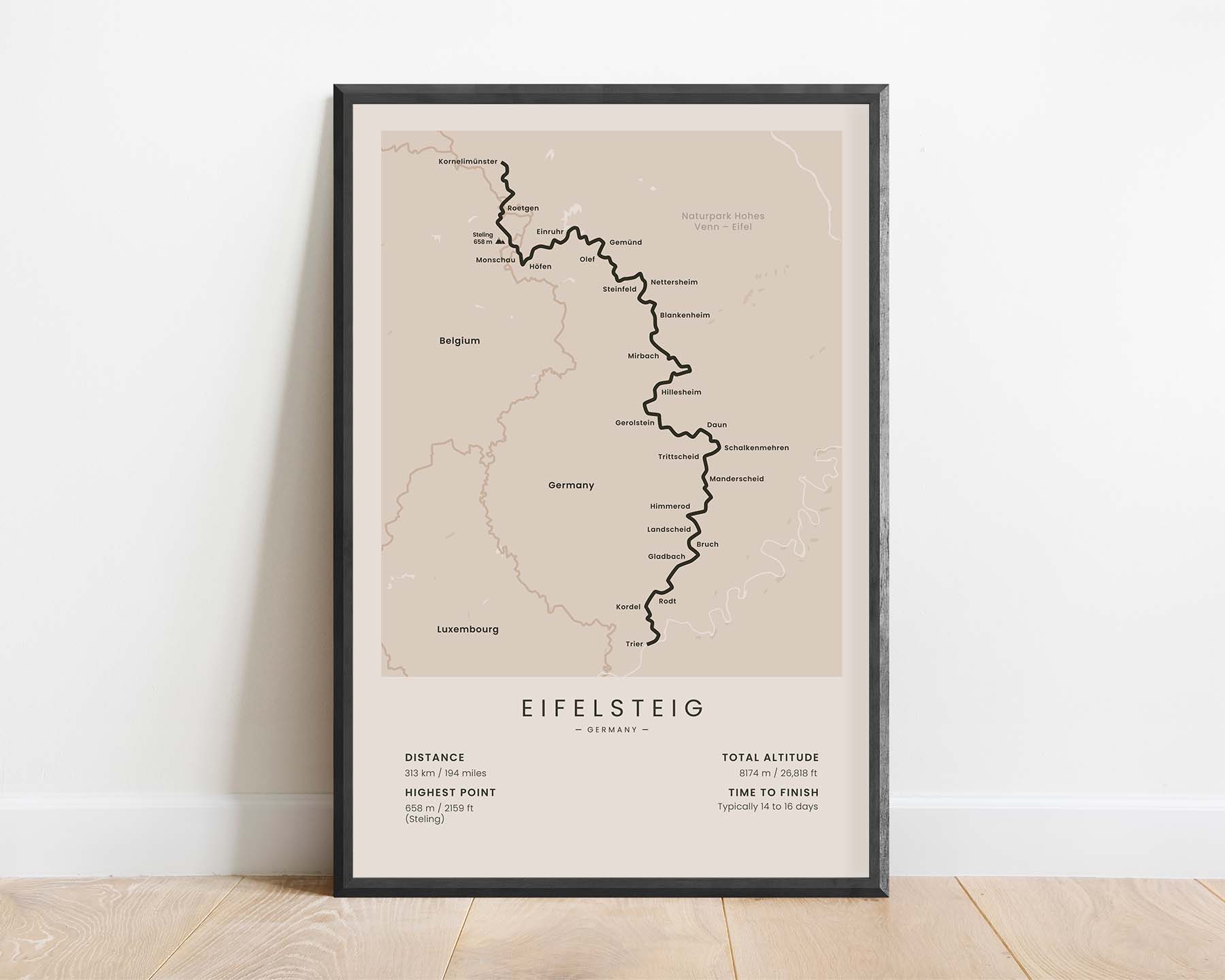 Der Eifelsteig (Germany, North Rhine-Westphalia, Aachen to Trier, Rhineland Palatinate, Eifel National Park) Trail Wall Map with Beige Background