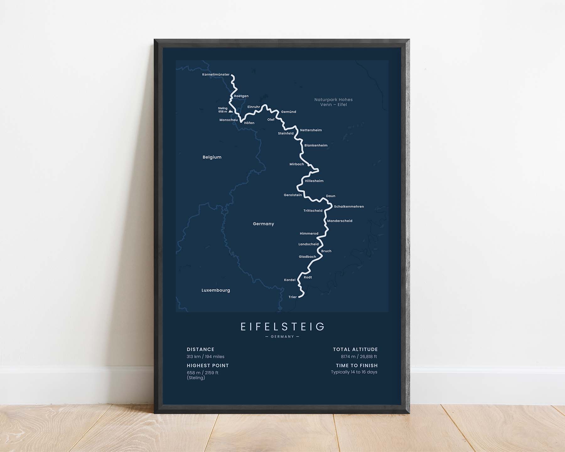 Der Eifelsteig (Trier, Eifel National Park, Rhineland Palatinate, North Rhine-Westphalia, Germany, Aachen to Trier) Path Print with Blue Background