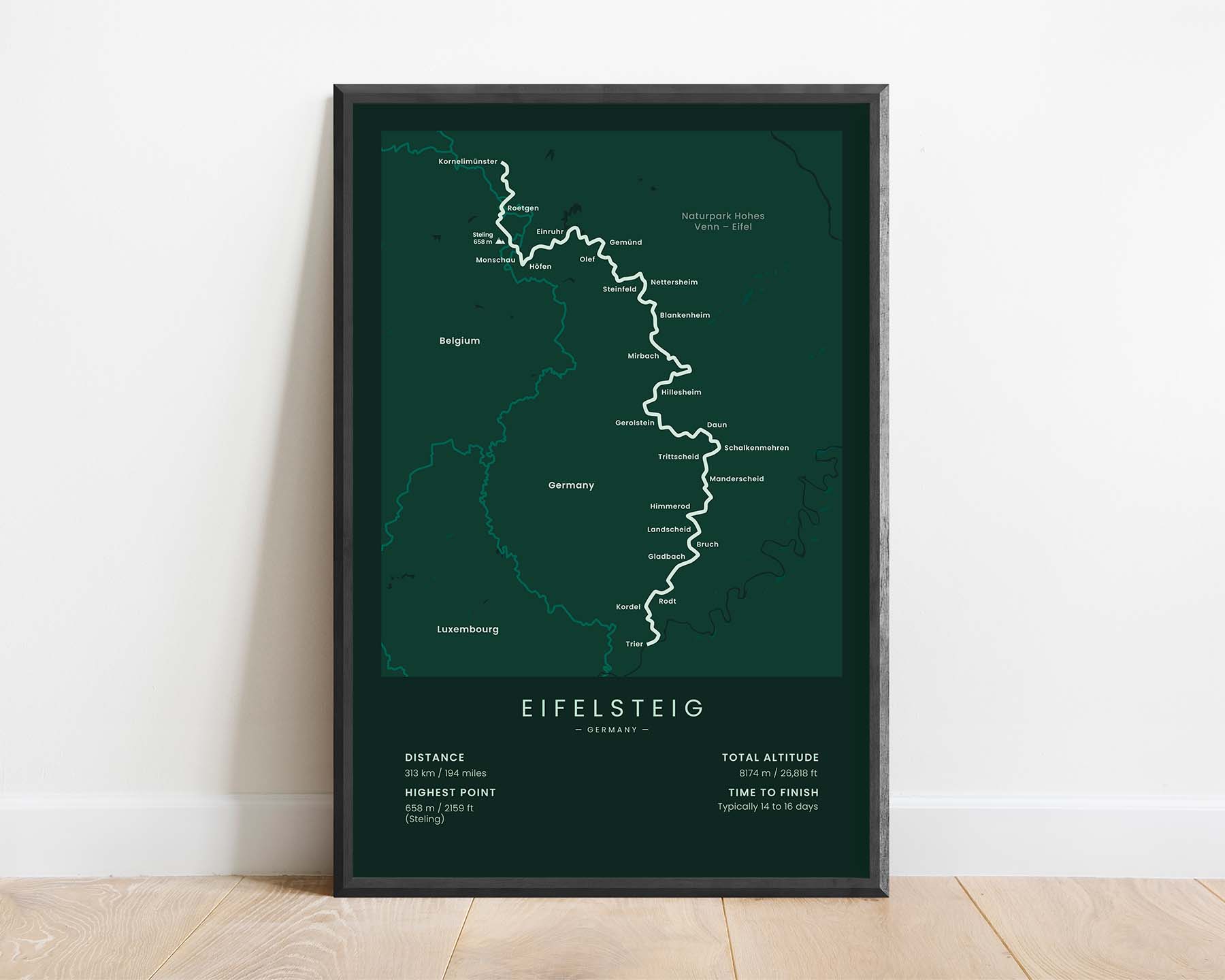 Eifelsteig (Aachen to Trier, North Rhine-Westphalia, Rhineland Palatinate, Germany, Eifel National Park) Trek Map Art with Green Background