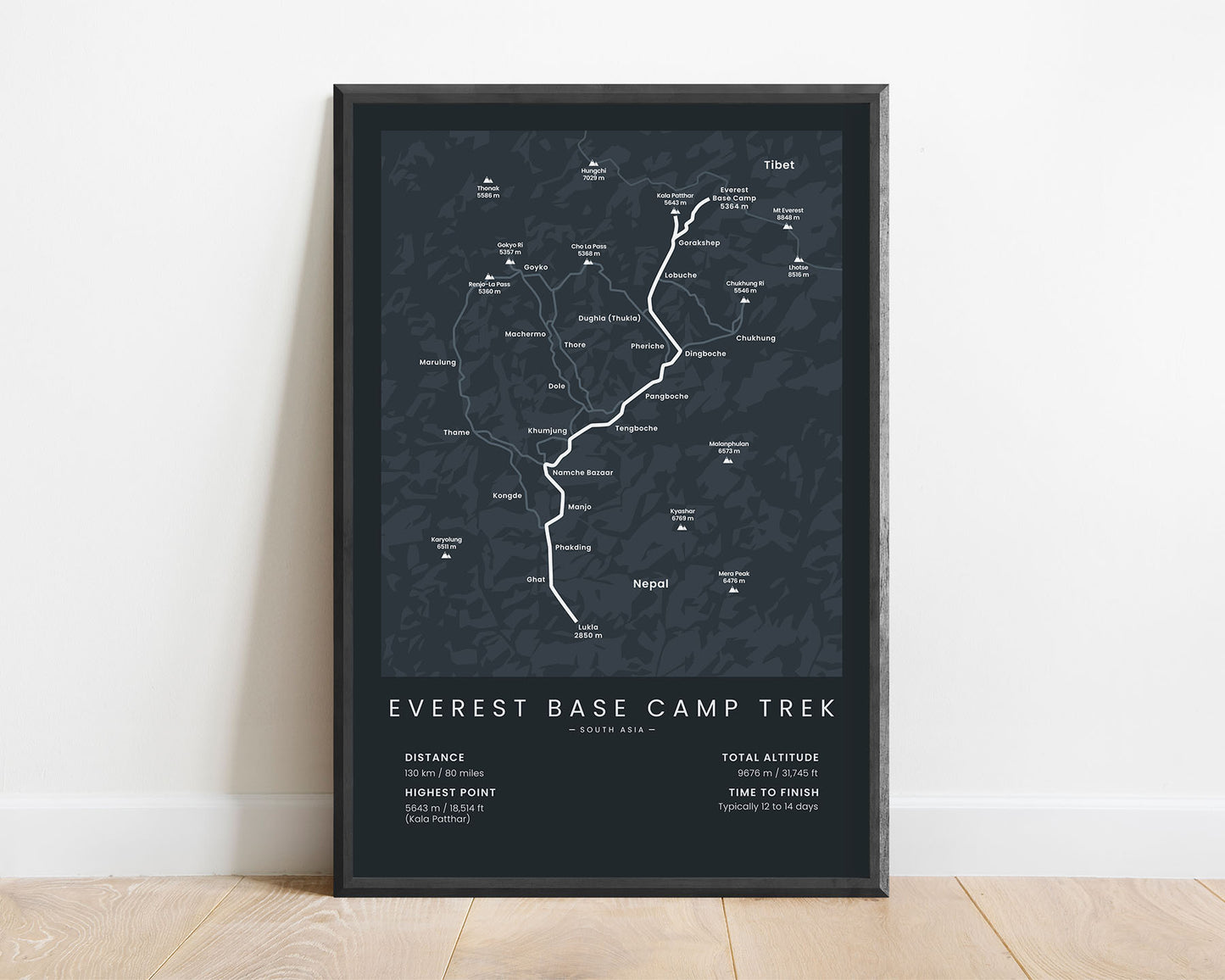 Mount Everest Trek (Himalayas) Track Wall Art with Black Background