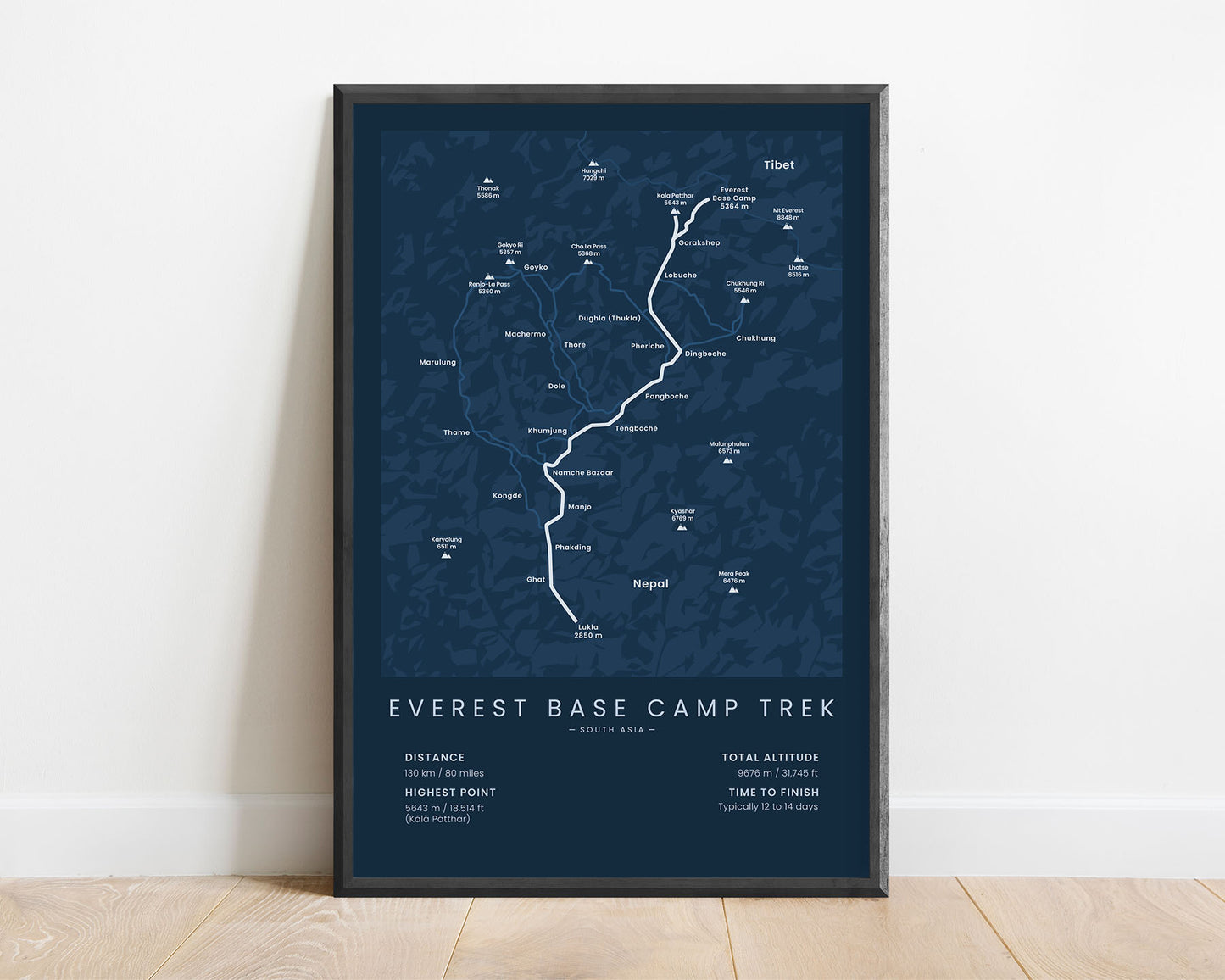 EBC (Kala Patthar) Thru-Hike Map Art with Blue Background