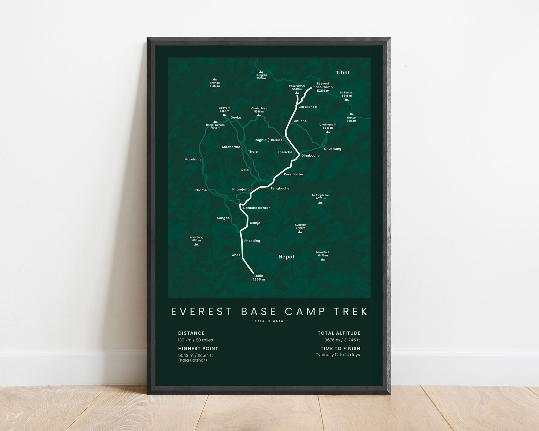 Everest Base Camp Trek (Goyko Ri) Hike Print with Green Background