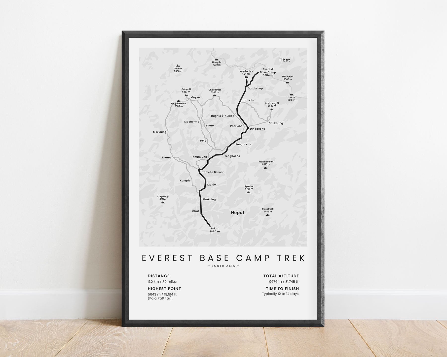 Everest Base Camp Trek (Mount Everest) Route Wall Map with White Background