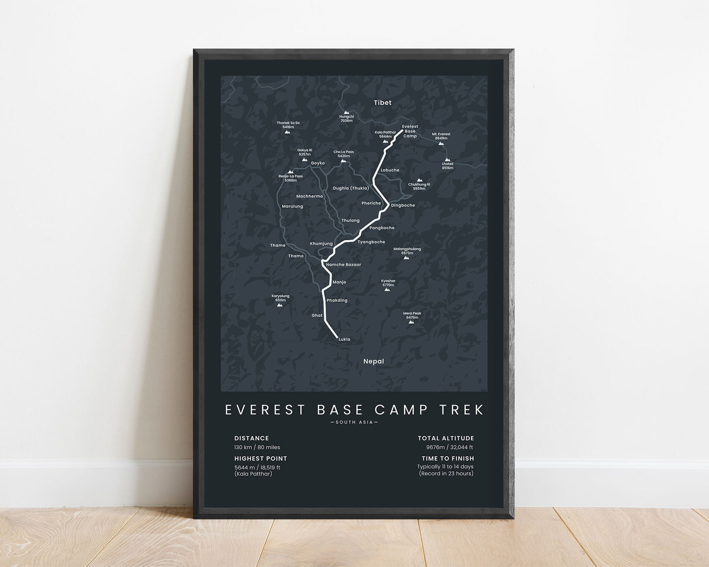 Mount Everest Trek map poster with black background