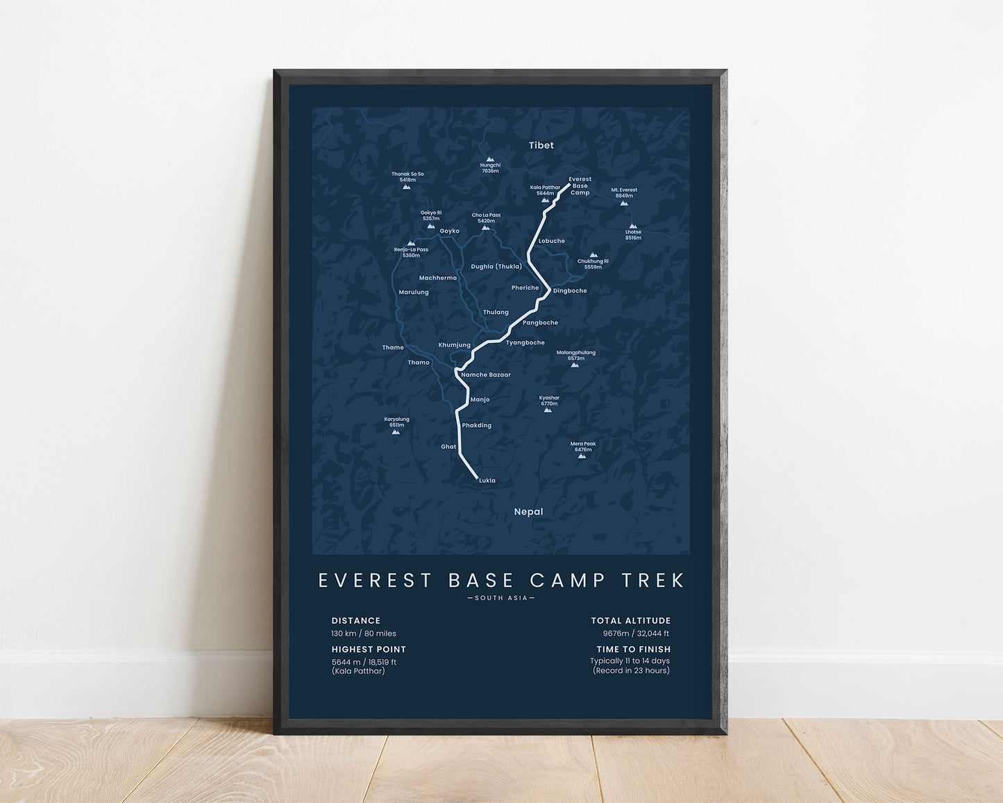 Everest Base Camp Trek Minimalist Trekking Route Wall Art with blue background