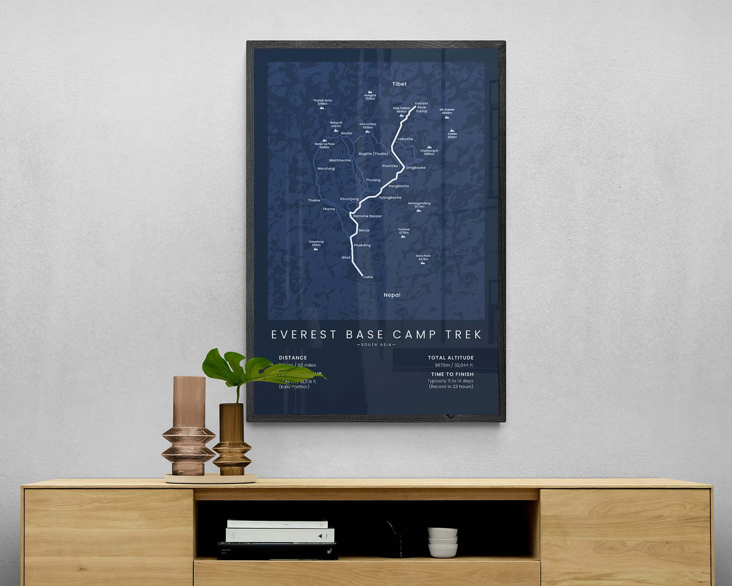 Everest Base Camp Trek thru-hike map print with blue background in living room