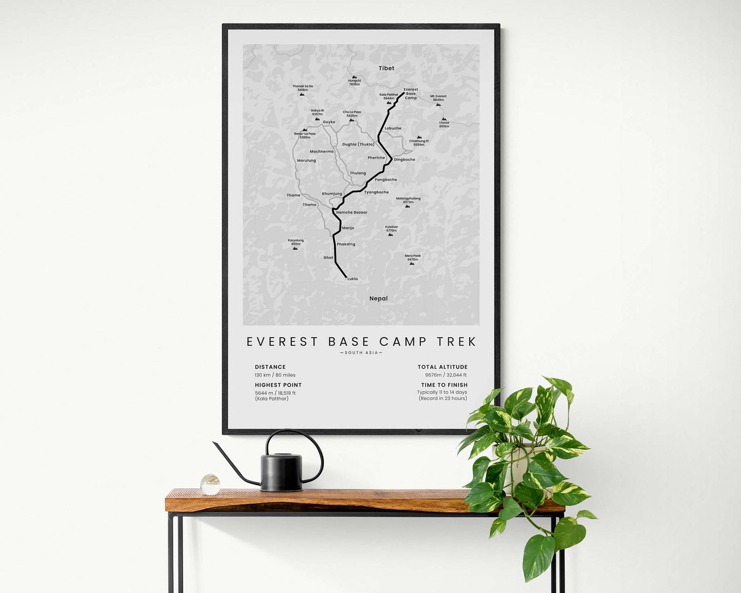 Everest Base Camp Trek minimalist map poster with white background in living room