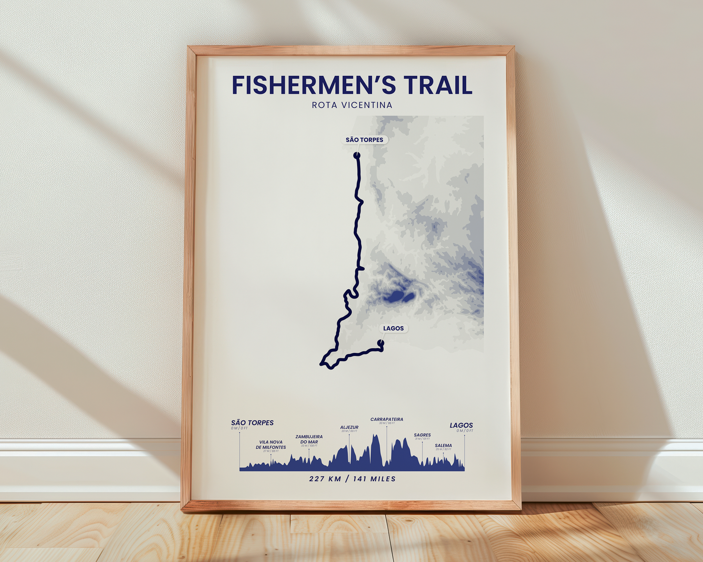 Fishermen's Trail (Sines To Lagos) Shaded Relief Map Wall Art with Blue Background