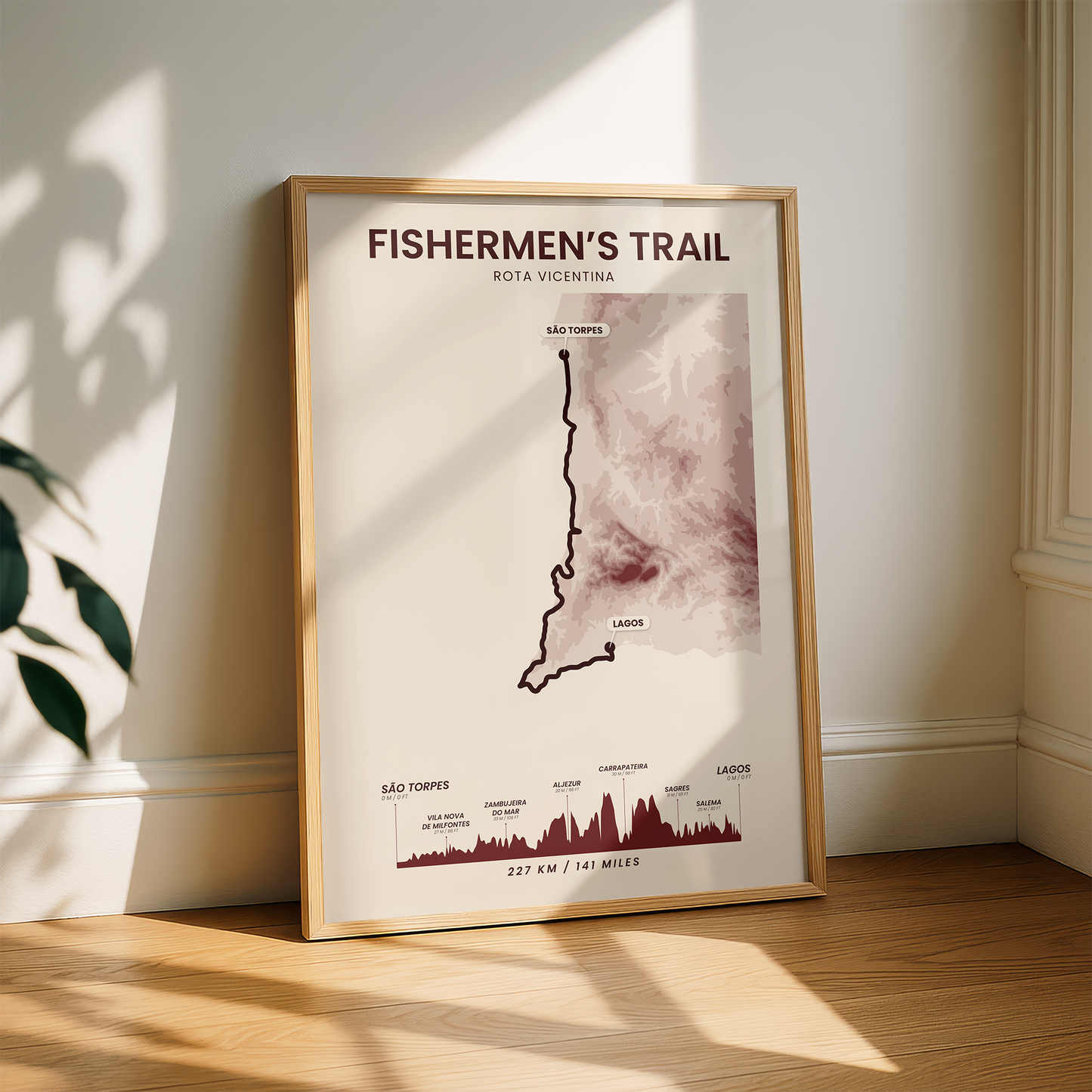 Fishermen's Trail (Portugal) Topographic Map Poster Print with Red Background