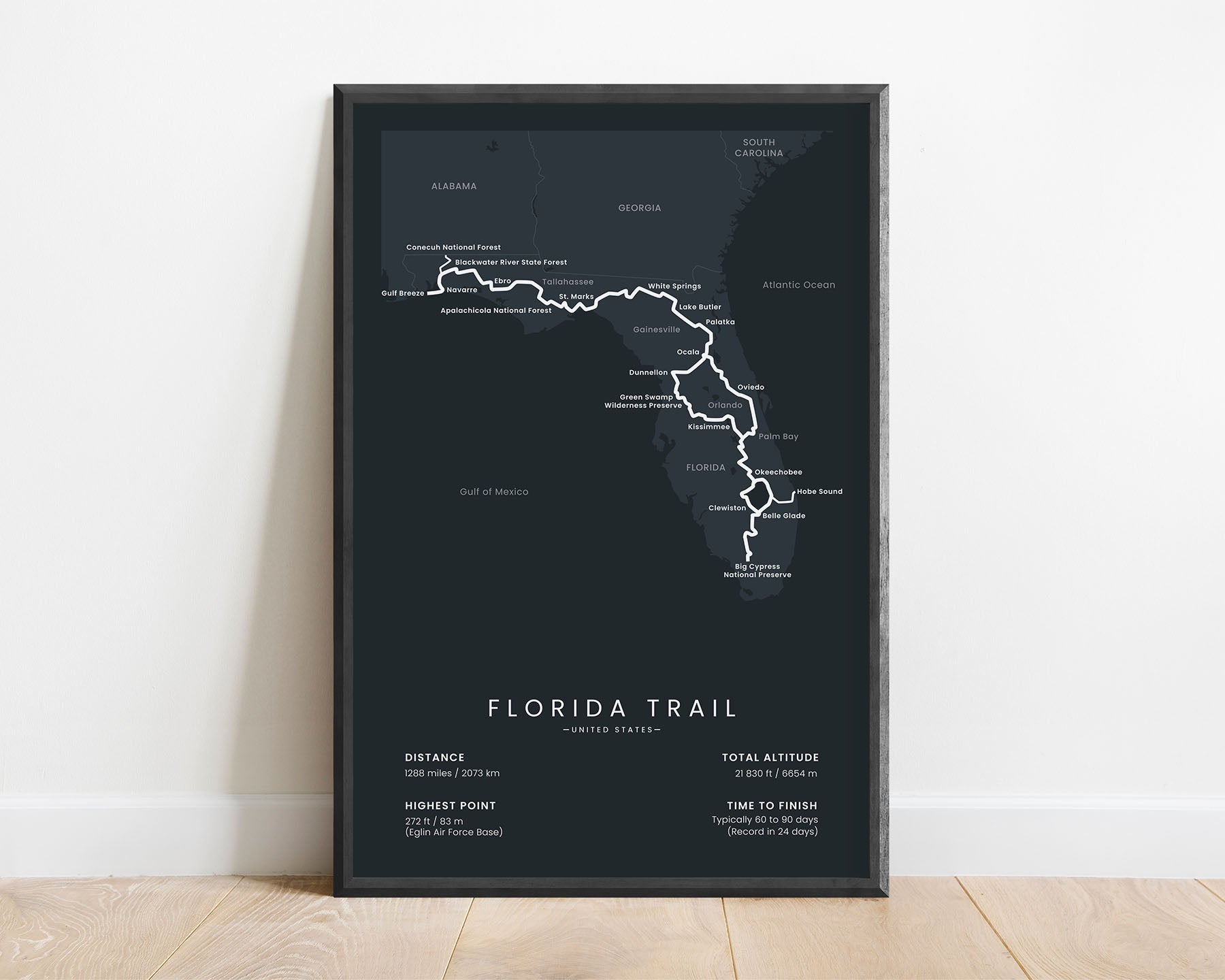 Florida Trail hiking trail print with black background (Big Cypress National Preserve to Fort Pickens)