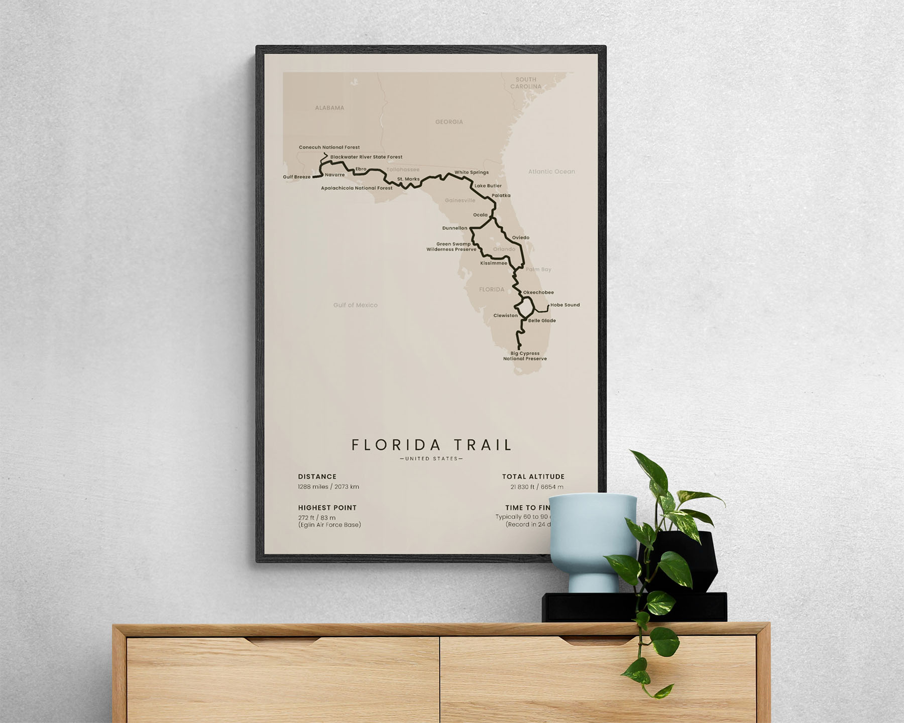 Florida Trail hike map art in minimal room decor