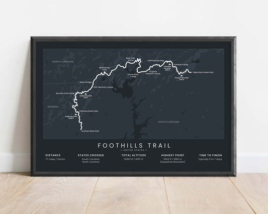 Foothills Trail (United States) Route Wall Map with Black Background in Minimal Room Decor