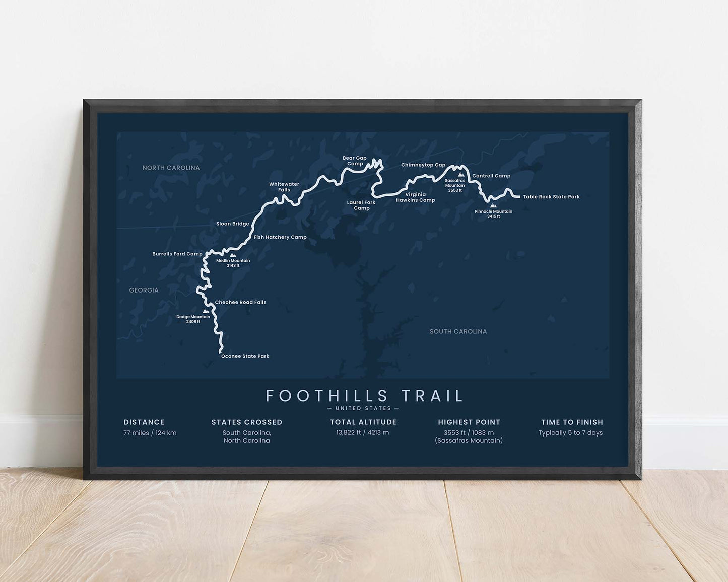 Foothills National Recreation Trail (Sumter National Forest) Thru-Hike Wall Art with Blue Background in Minimal Room Decor