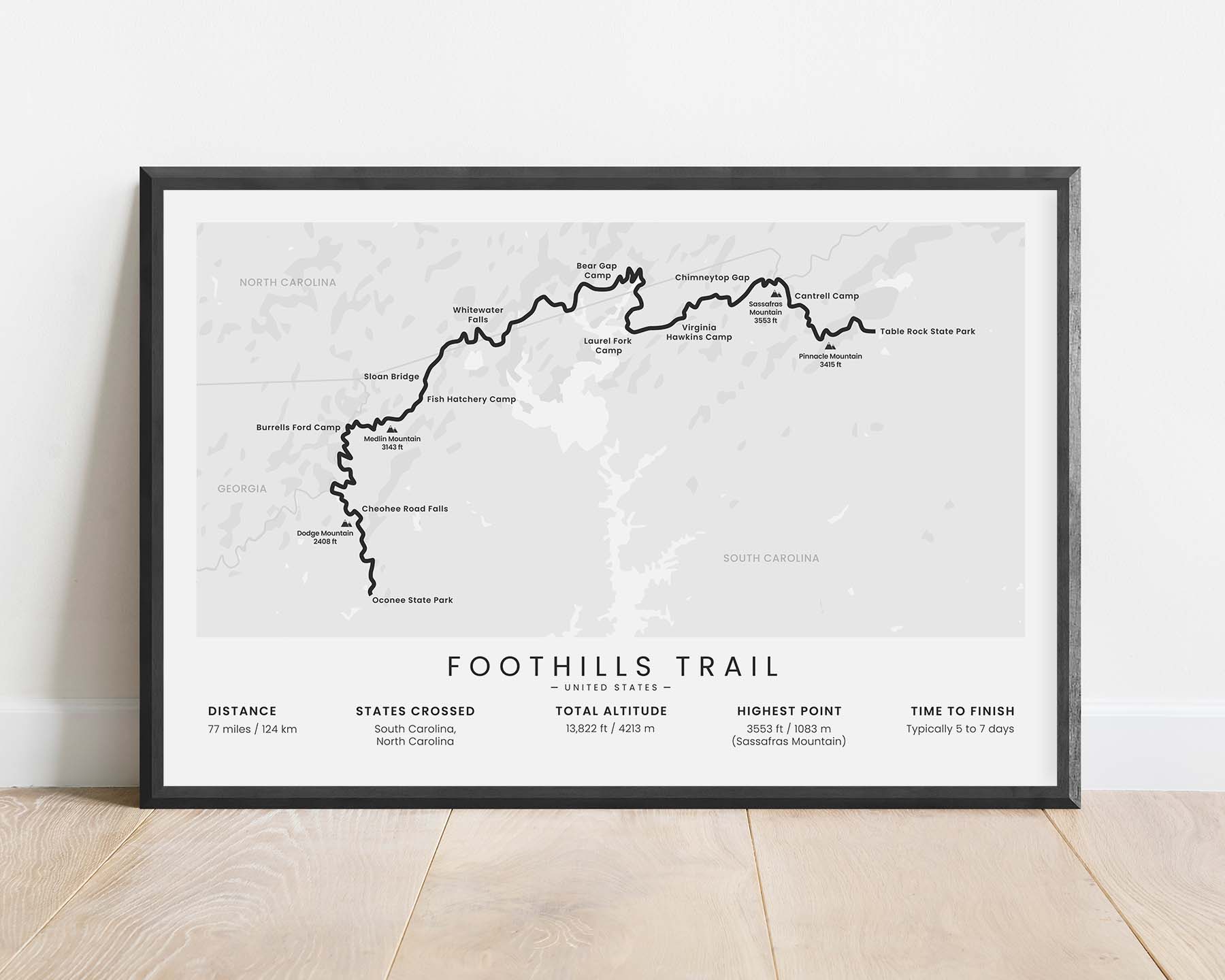 Foothills Trail (North Carolina) Hike Poster with White Background in Minimal Room Decor