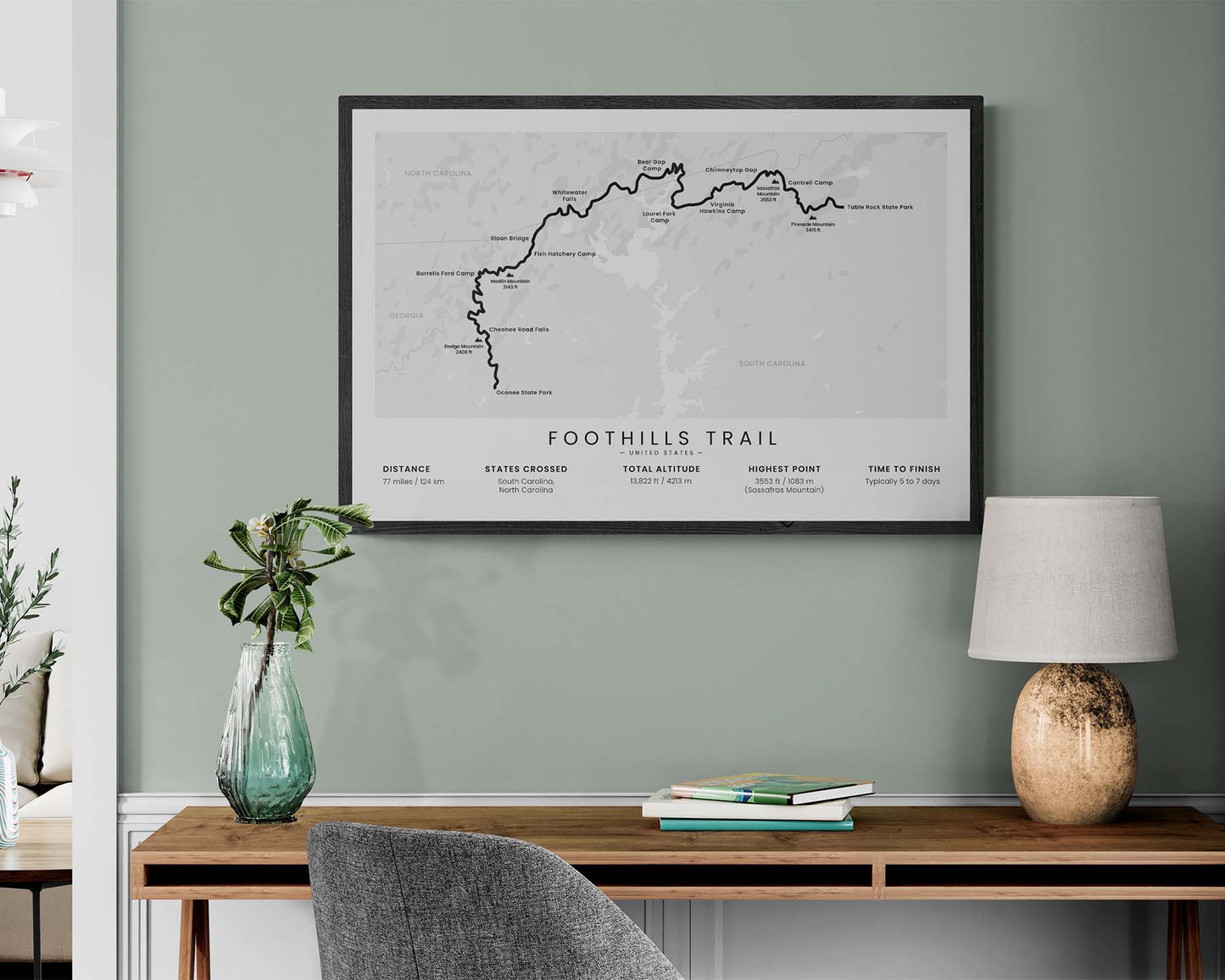 Foothills National Recreation Trail (South Carolina) Track Map Art in Minimal Room Decor