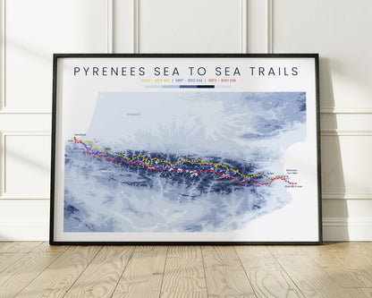 GR11/HRP/GR10 (Pyrenees) Hike Print Topographic Map with Minimal Blue Background