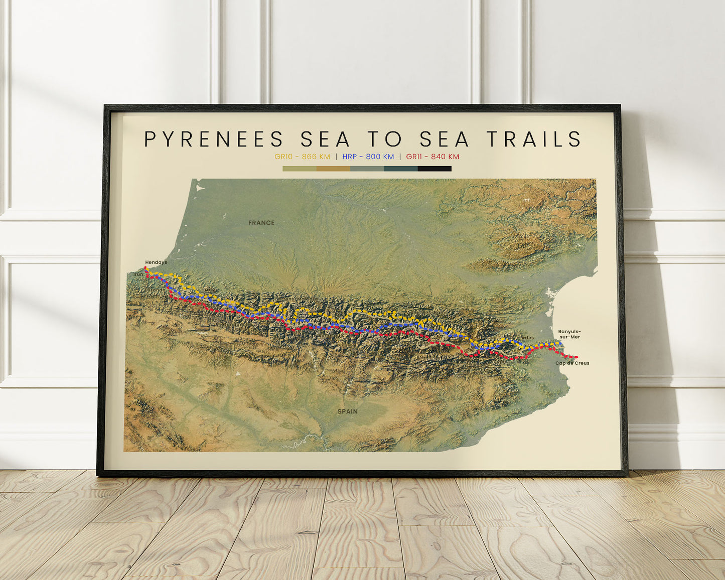 GR11/HRP/GR10 (France) Route Poster Geological Map with Realistic Green Background