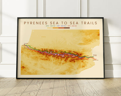 Pyrenees Long Distance Trails (Spain) Trail Wall Art Contour Map with Vintage Orange Background