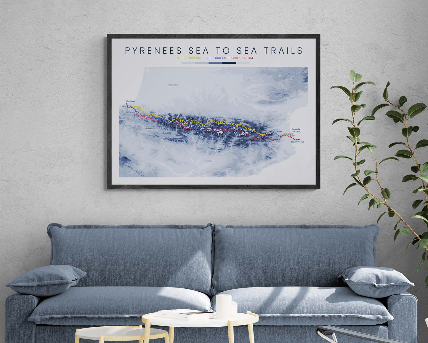 GR11/HRP/GR10 (Pyrenees) Thru Hike Wall Art Shaded Relief Map in Modern Interior Decor