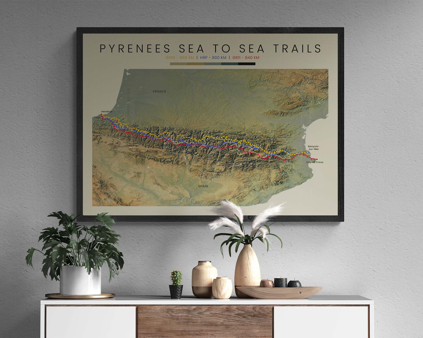 Pyrenees Long Distance Trails (Andorra) Path Wall Decor Elevation Map in Modern Room Decor