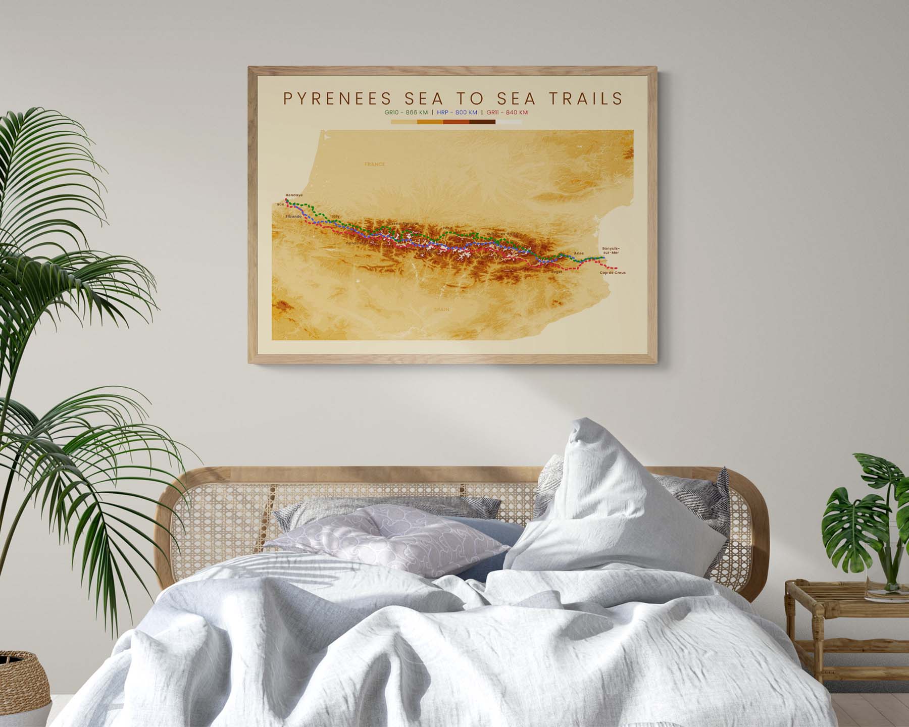 Pyrenees Long Distance Trails (Spain) Trek Map Terrain Map in Modern Wall Art Decor