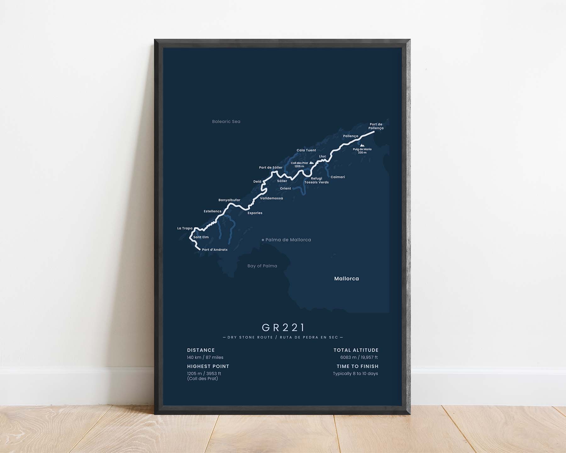 GR221 (Pollenca to Andratx) Trek Poster with Blue Background