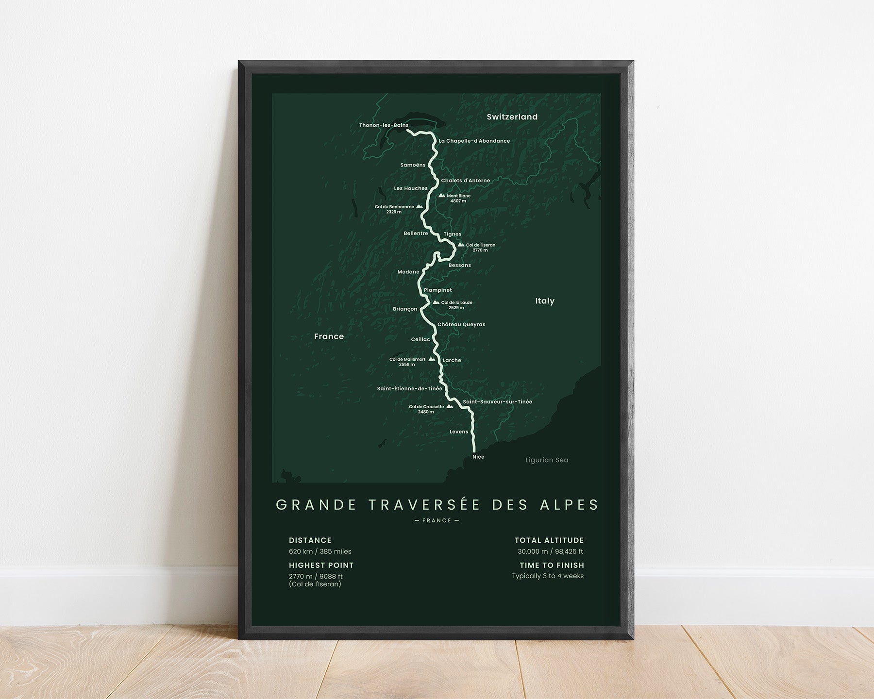 The Grand Traverse of the Alps (France) path map art with Green Background