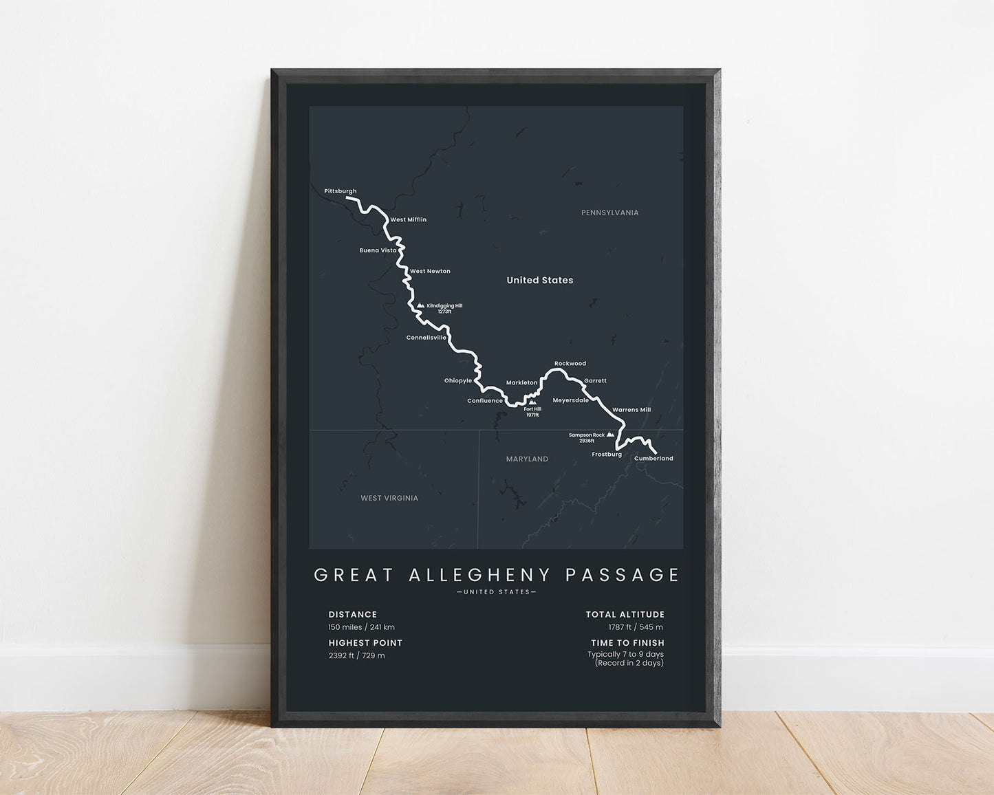 Great Allegheny Passage (Cumberland to Pittsburgh) Trek Wall Art with Black Background