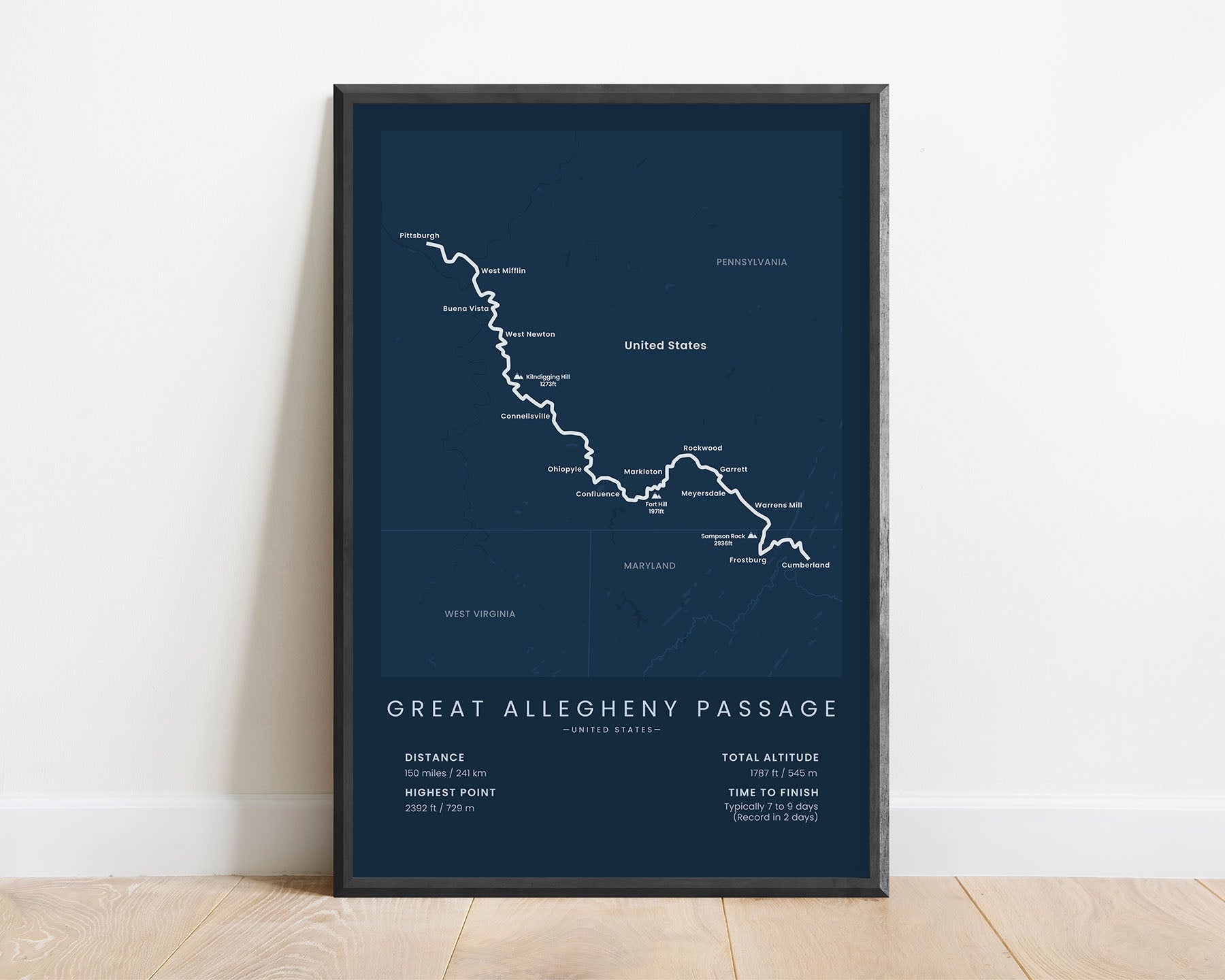Great Allegheny Passage (GAP) Trail Map Poster 30x40 cm Blue