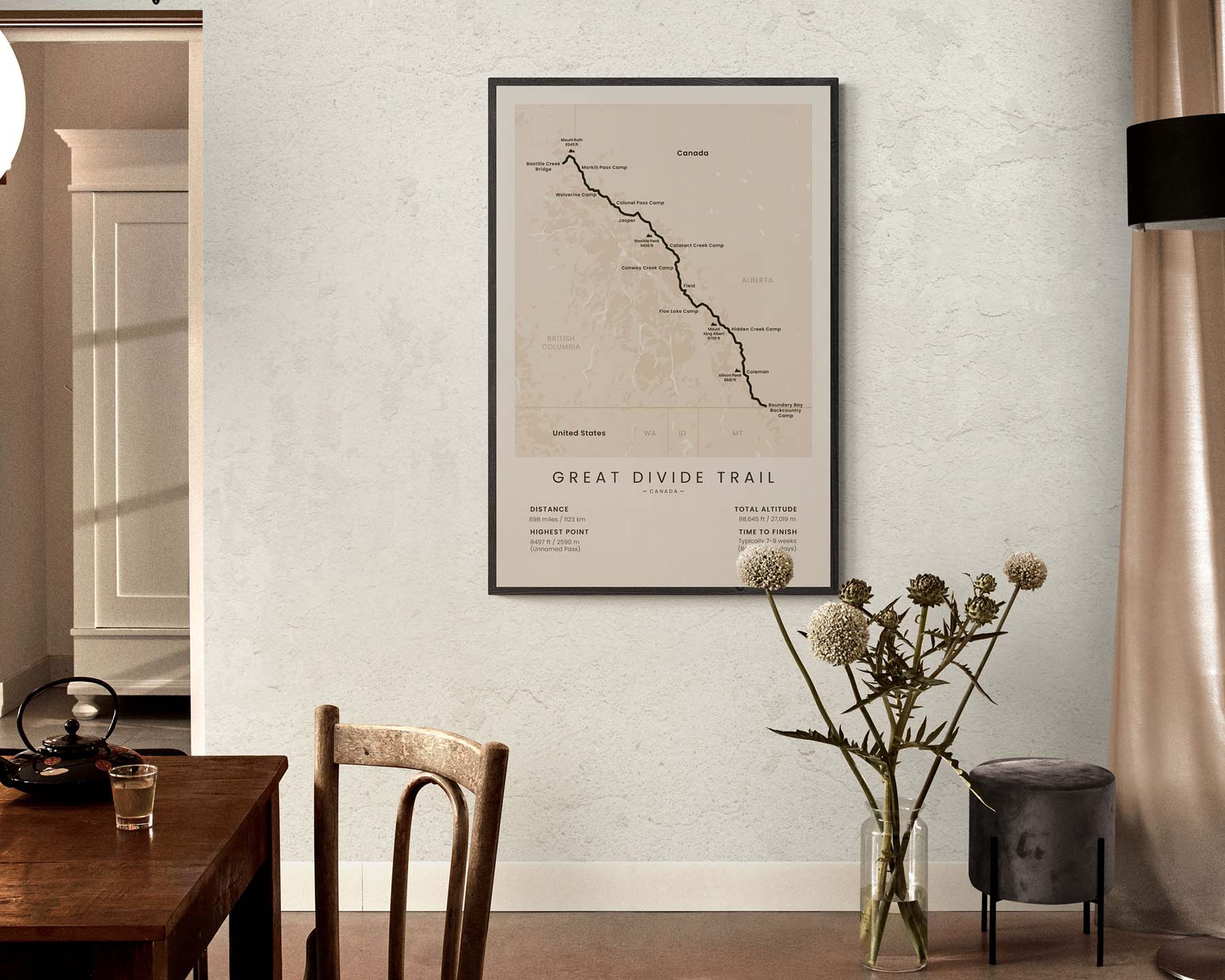 Great Divide Trail (Waterton Lakes National Park to Kakwa Provincial Park) track wall art in minimal room decor