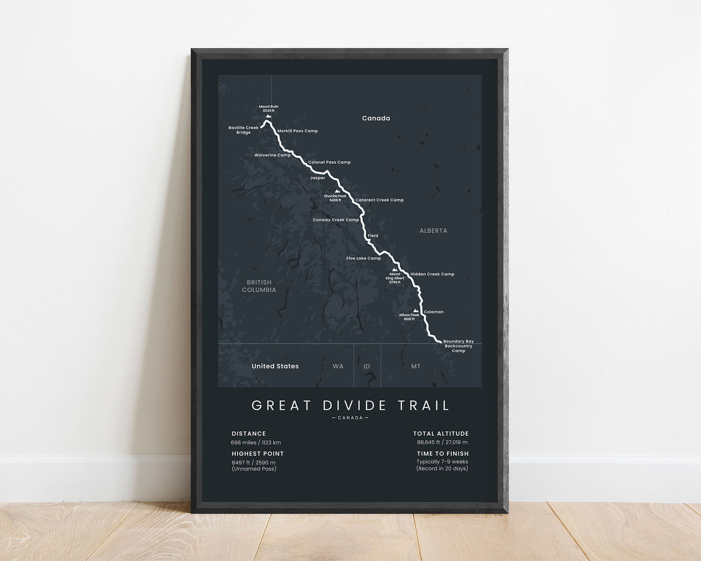 Great Divide Trail (Waterton Lakes National Park to Kakwa Provincial Park) route map art with black background