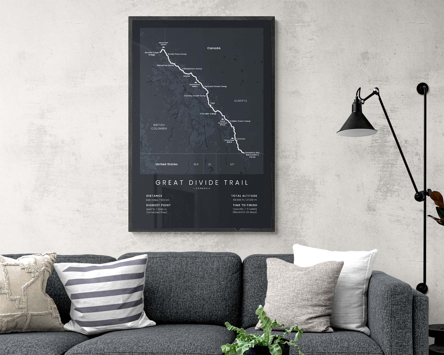 GDT (British Columbia) hiking trail art print in minimal room decor