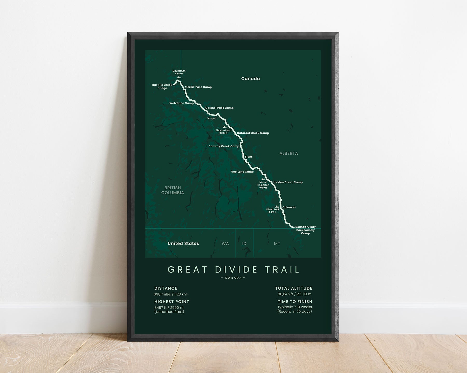 Great Divide Trail (Alberta) path wall map print with green background