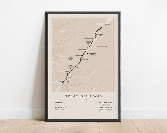 Great Glen Way (United Kingdom) hiking trail wall art with beige background